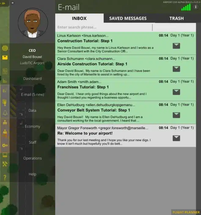 Exemples d'emails dans Airport CEO