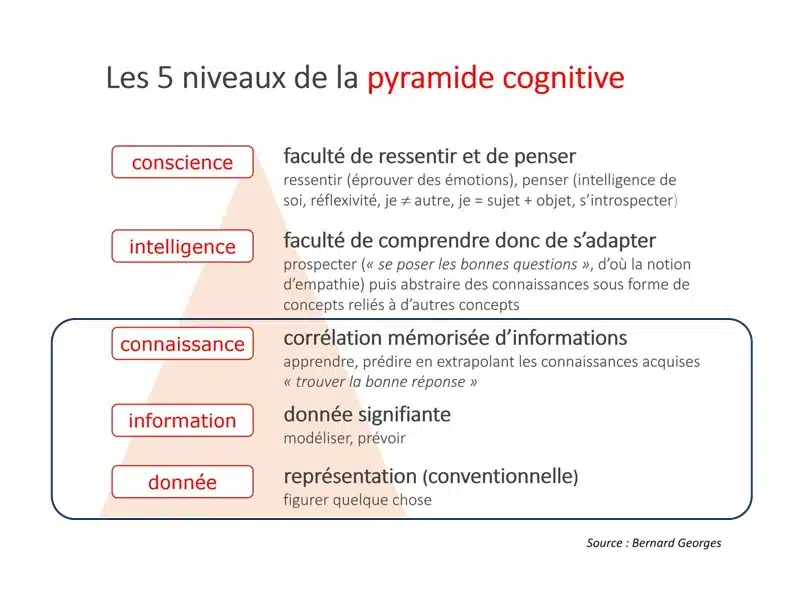 La pyramide cognitive de Bernard Georges présente 5 niveaux. en commençant en bas et en remontant en haut, on y retrouve la donnée (et sa représentation), l'information (la donnée signifiante), la connaissance (la corrélation mémorisée d'informations), l'intelligence (la faculté de comprendre donc de s'adapter), et enfin tout en haut, la conscience (la faculté de ressentir et de penser).