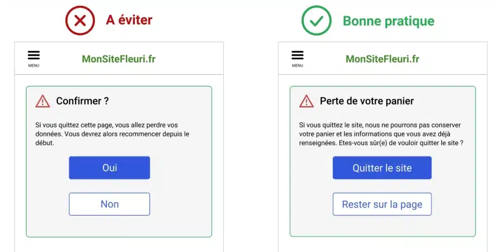 Les boutons précisent exactement quelle action sera réalisée au clic sur ce dernier. Le titre de la pop-up est clair sur le message à transmettre. Si l'utilisateur veut plus d'informations, il lit le paragraphe, mais il ne doit pas tout lire pour comprendre, et le risque d'erreur est réduit.