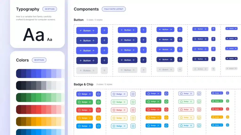 Un exemple de Design System, avec toutes les déclinaisons possibles de boutons et les couleurs de branding (avec ou sans icônes, avec une icône ou deux icônes, avec ou sans label, etc...). Cette astuce d'écoconception permet de réutiliser les composants d'un design à l'autre (et de gagner du temps !).