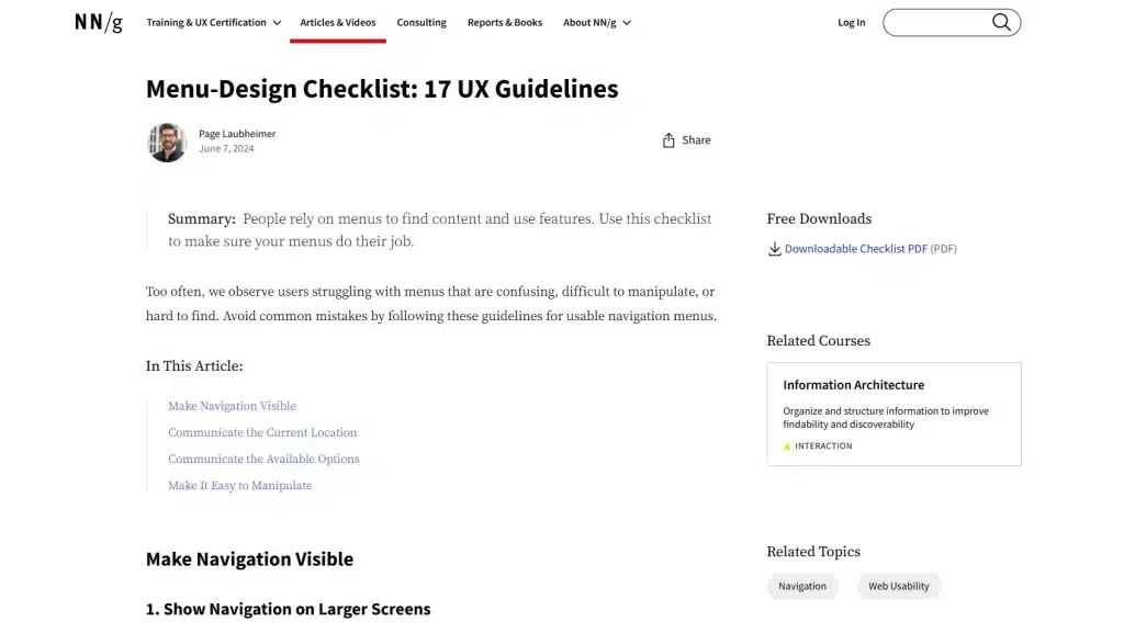 Lien vers l'article de Nielsen Norman Group Menu-Design Checklist: 17 UX Guidelines, en anglais, pour la revue de presse #12 du mois de juin.