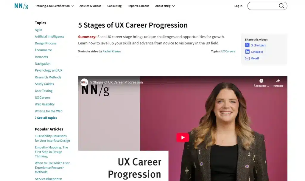 Lien vers la vidéo de Nielsen Norman Group : 5 Stages of UX Career Progression, en anglais