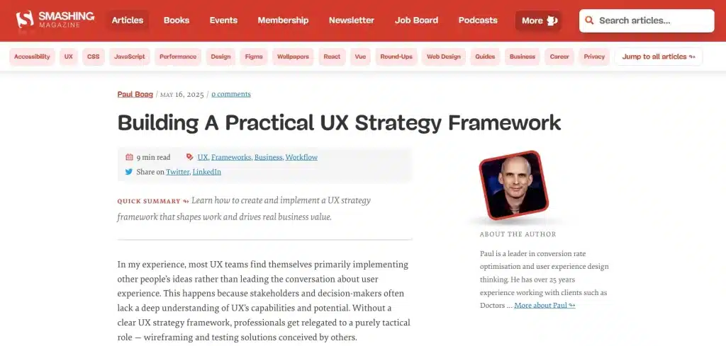 Lien vers l'article de Smashing magazine Building A Practical UX Strategy Framework, en anglais