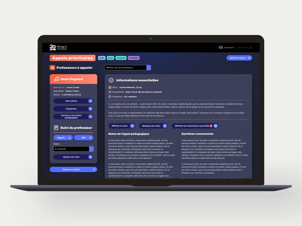 Le design UI a été réalisé d'après le design UX en moyenne fidélité de l'outil métier d'Allegro sur 8 écrans représentatifs de l'ensemble du logiciel.
