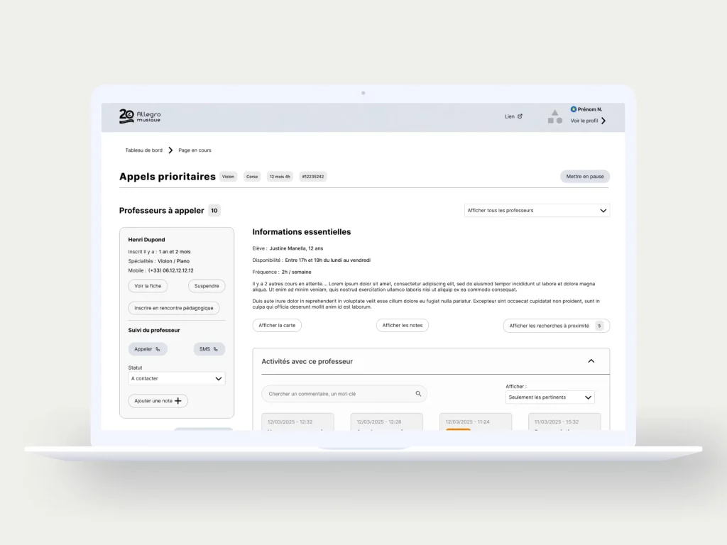Le travail pour le design UX de l'outil métier d'Allegro s'est porté sur plusieurs écrans centraux du logiciel de suivi des appels.