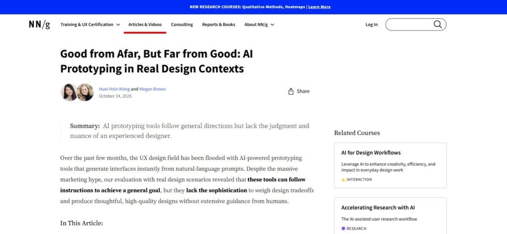Nielsen Norman Group décortique 3 approches utilisées pour intégrer l'IA dans un processus de conception centrée utilisateurs, premier article de cette revue de presse UX #17.