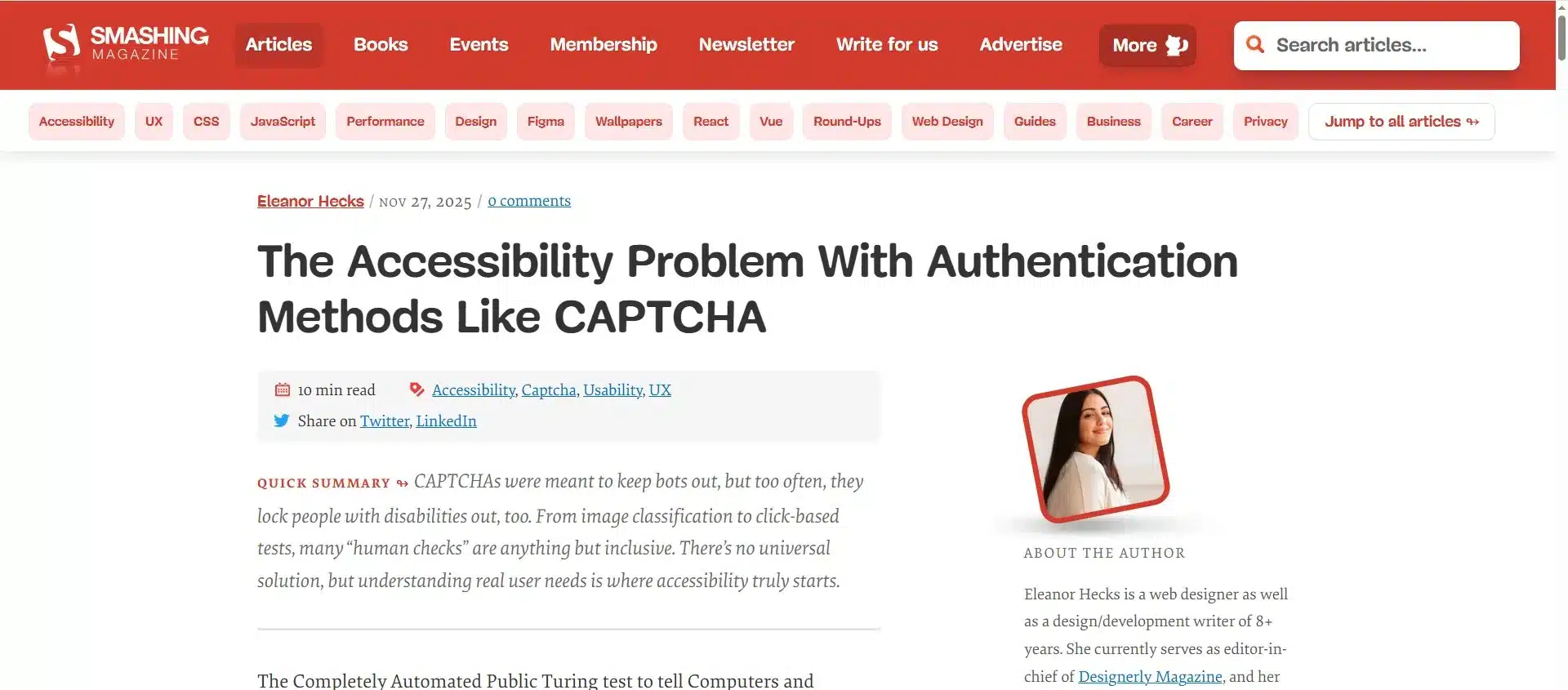 Le deuxième article de la revue de presse UX 19 est intitulé "The Accessibility Problem With Authentication Methods Like CAPTCHA", écrit en anglais et disponible sur Smashing Magazine. L'auteur est Eleanor Hecks. L'article date du 27 novembre 2025.