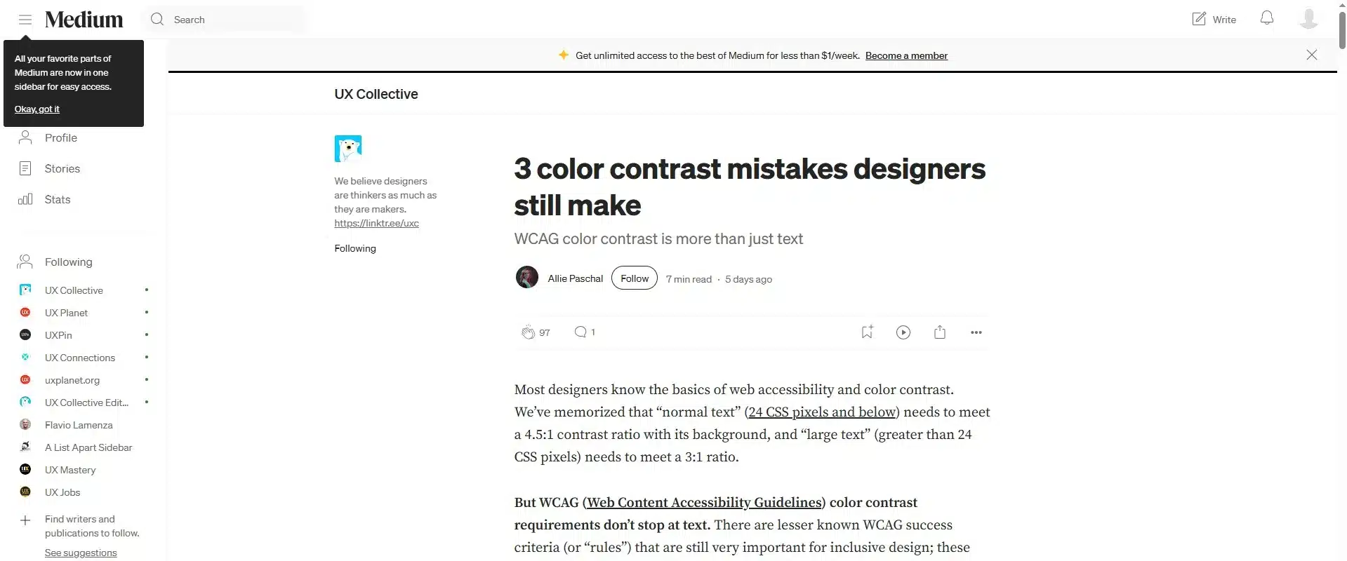 Le dernier article de la revue de presse UX 19 est intitulé "3 color contrast mistakes designers still make", écrit en anglais et disponible sur Medium. L'auteur est Allie Paschal. L'article date du 18 décembre 2025.