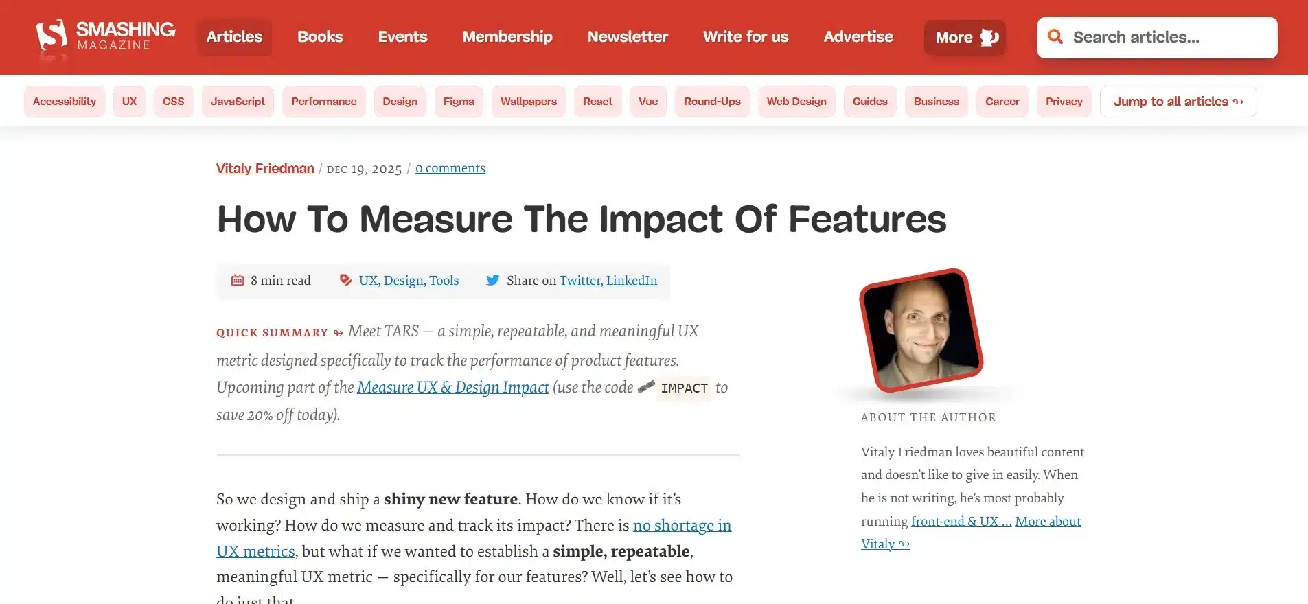 Le premier article de la revue de presse UX 19 est intitulé "How To Measure The Impact Of Features", écrit en anglais et disponible sur Smashing Magazine. L'auteur est Vitaly Friedman. L'article date du 19 décembre 2025.