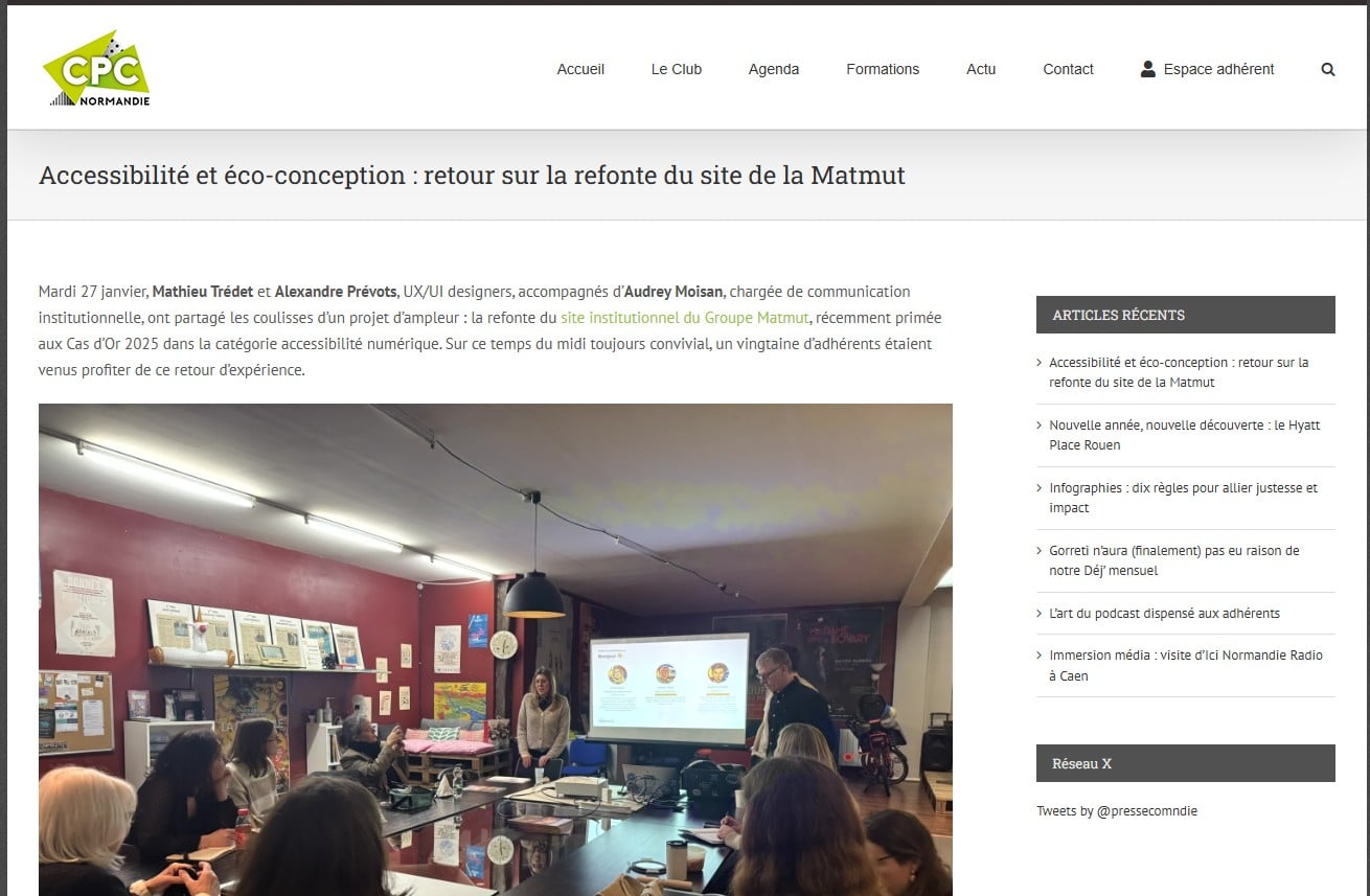 Le deuxième article de la revue de presse UX s'intitule Accessibilité et écoconception : retour sur la refonte du site de la Matmut. Il date du 28 janvier 2026.