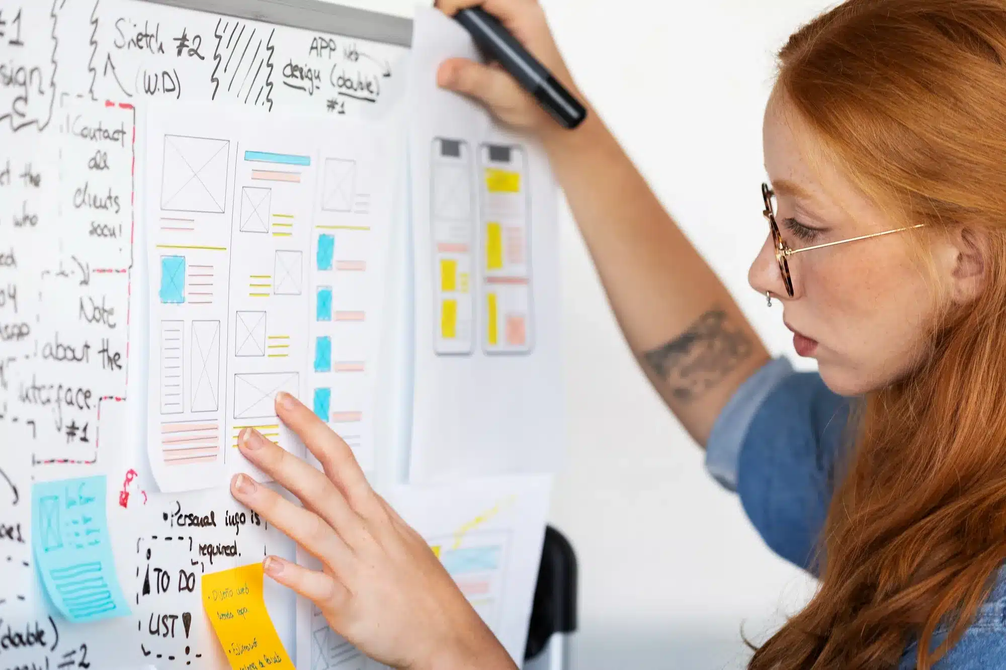 Une professionnelle de l'UX manipule sur un mur blanc des wireframes dessinées à la main, avec des post-it et des notes. Comment l'IA va impacter cette manipulation des données et des idées ?