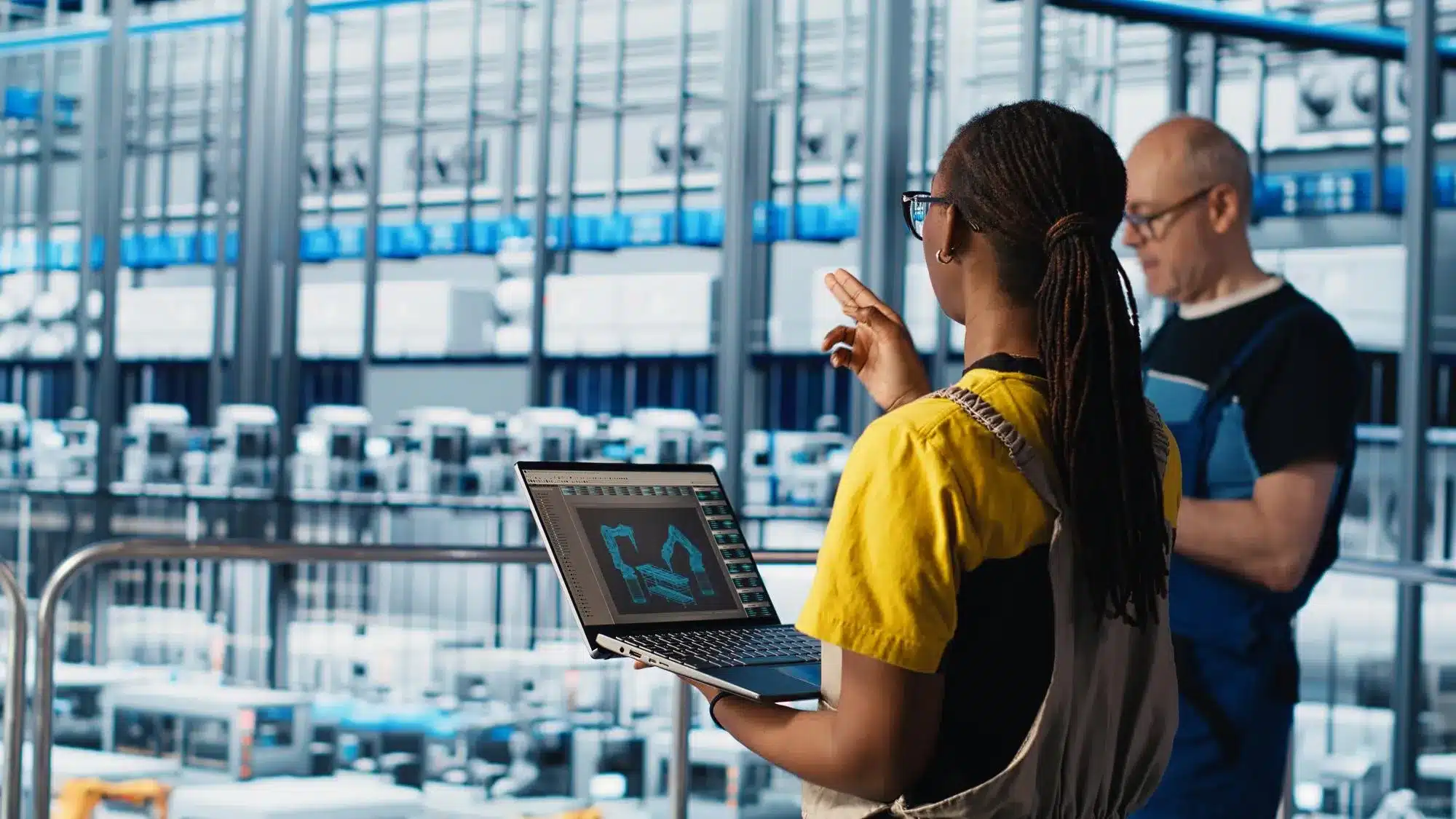 Dans une usine, deux personnes discutent de l'organisation des choses. L'une d'elles a un PC portable dans la main. C'est aussi un des défis de l'UX Design : la mobilité, concevoir des outils métier complexes qui fonctionnent sur petits écrans de PC portable.