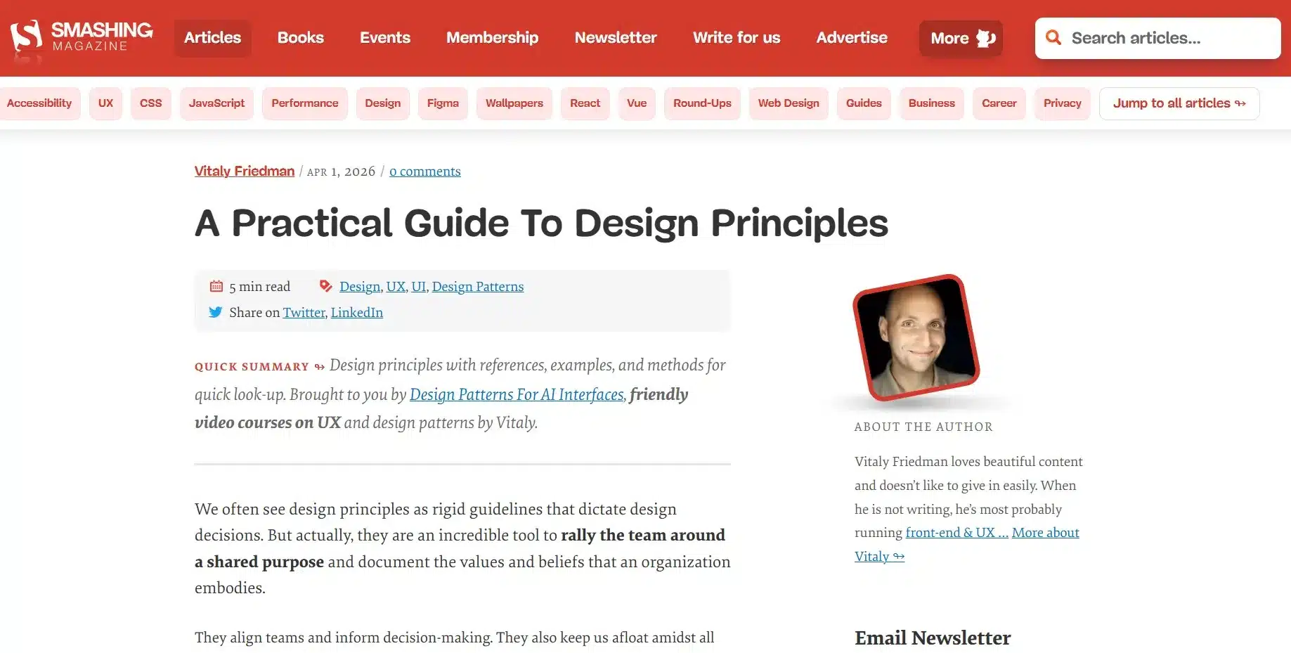 Le troisième article de la revue de presse UX #23 est un article de Smashing magazine publié le 1er avril 2026 intitulé A practical guide to design principles.