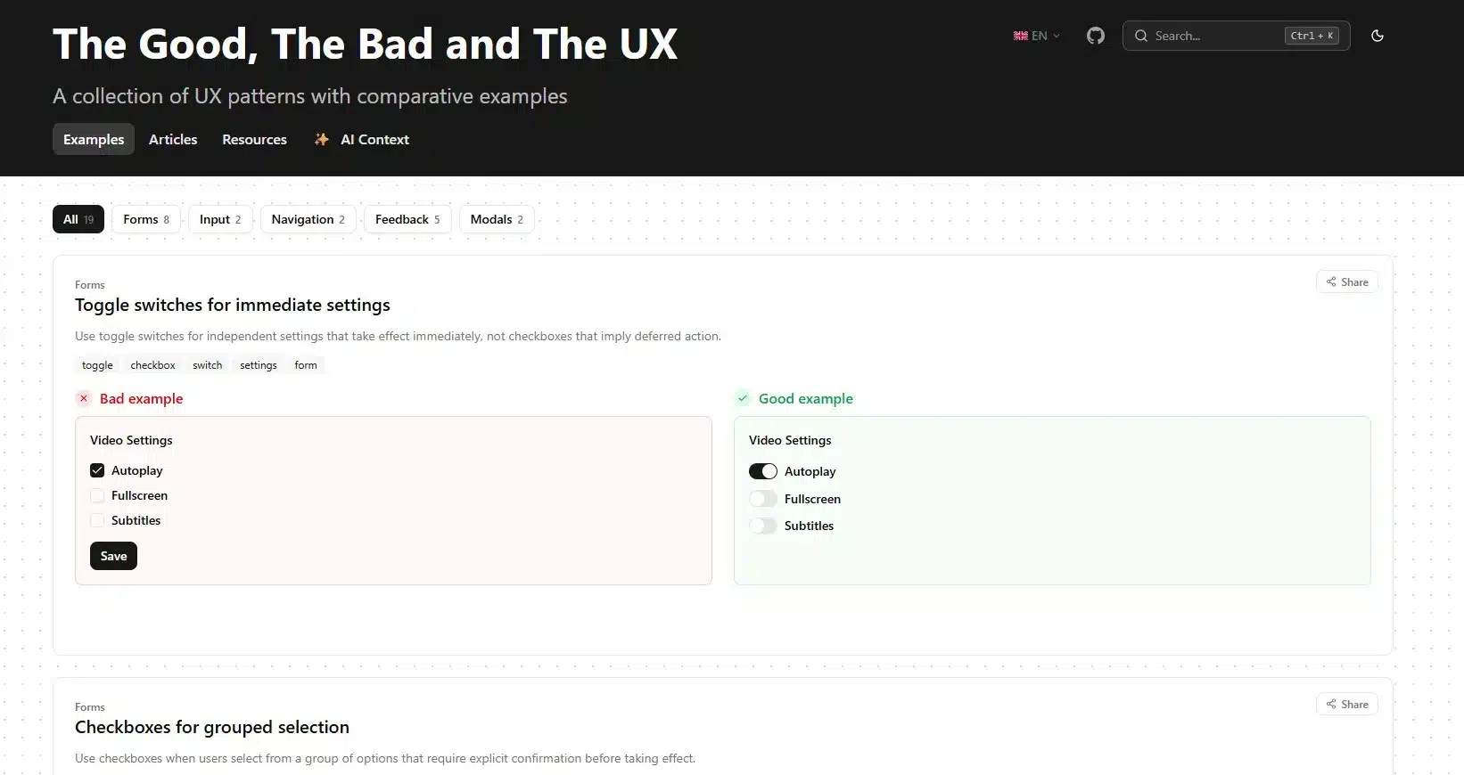 Le dernier site de la revue de presse UX #23 est un site intitule the good the bad and the ux, qui propose une collection de patterns UX avec des exemples comparatifs.