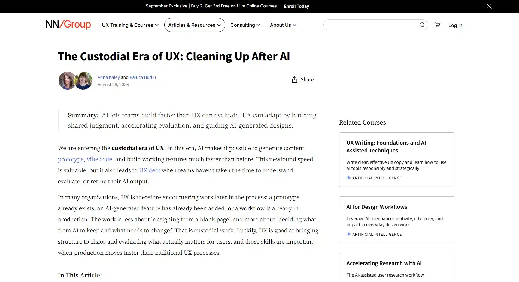 Le deuxième article de la revue de presse UX #27 a été publié le 28 août 2026 et s'intitule The custodial era of UX: cleaning up after IA. Il a été rédigé par Anna Kaley et Raluca Budiu.