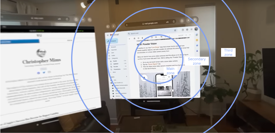 Il existe 3 zones principales dans la vision pour placer les éléments d'une interface VR selon Apple.