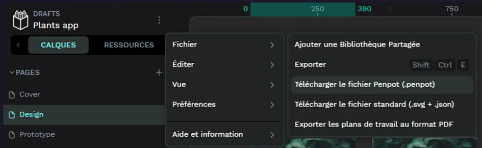 Presentation des formats d'exportations du fichier (.penpot / .svg / . json / PDF