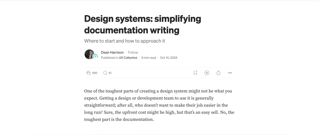 Article "Design systems : simplifying documentation writing", par Dean Harrison