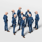 Figurines d'hommes d'affaires portant chacun un Apple Vision pro